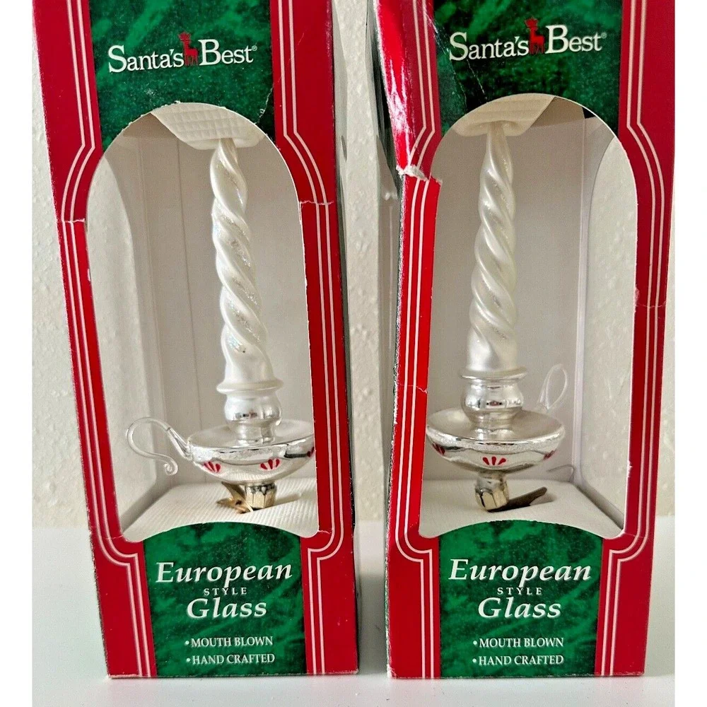 Christmas Ornament Candlestick European Hand Blown Glass Clip On Figural‎ Set 2